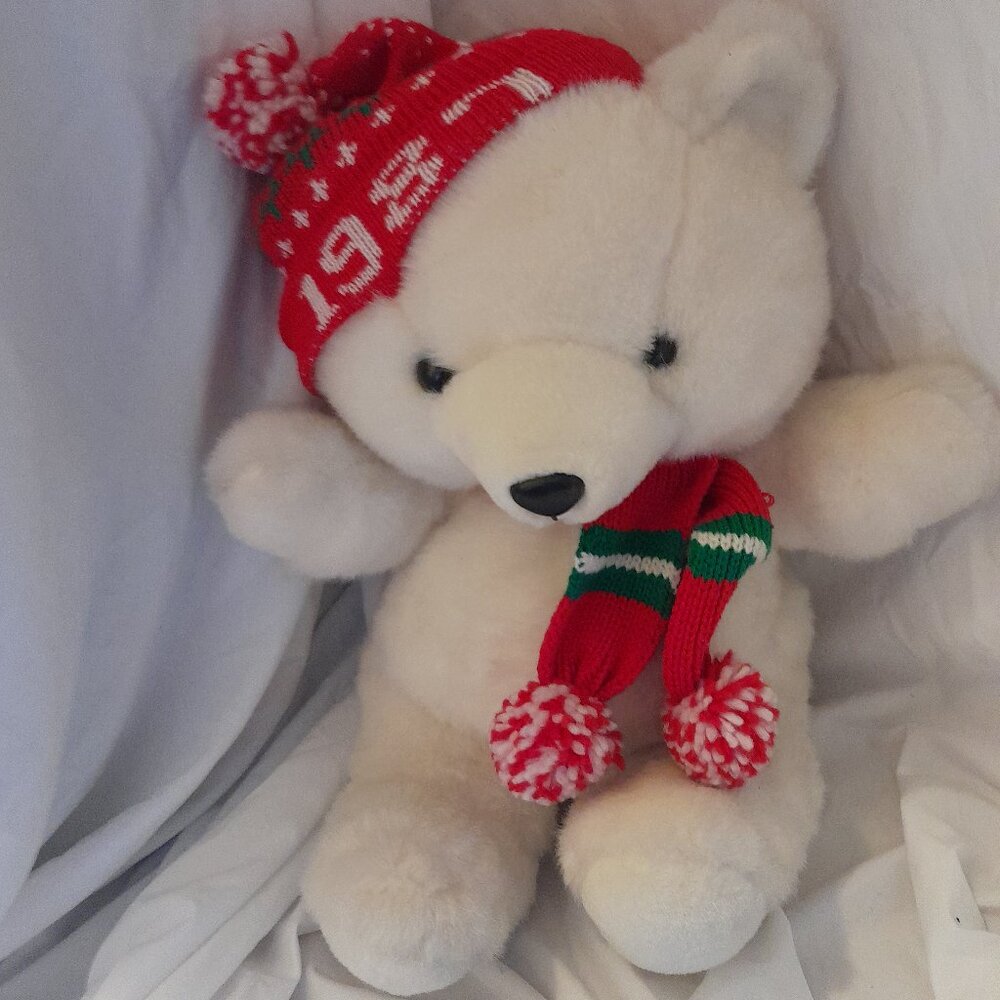 Vintage Retro 1987 K-Mart Christmas Teddy Bear Red scarf & Stocking Cap (#5)